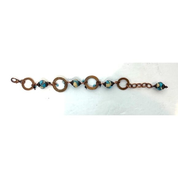Hammered Copper Bracelet Turquoise Bead Dangles Adjustable 7.5-9.5" Boho Jewelry - Picture 6 of 6